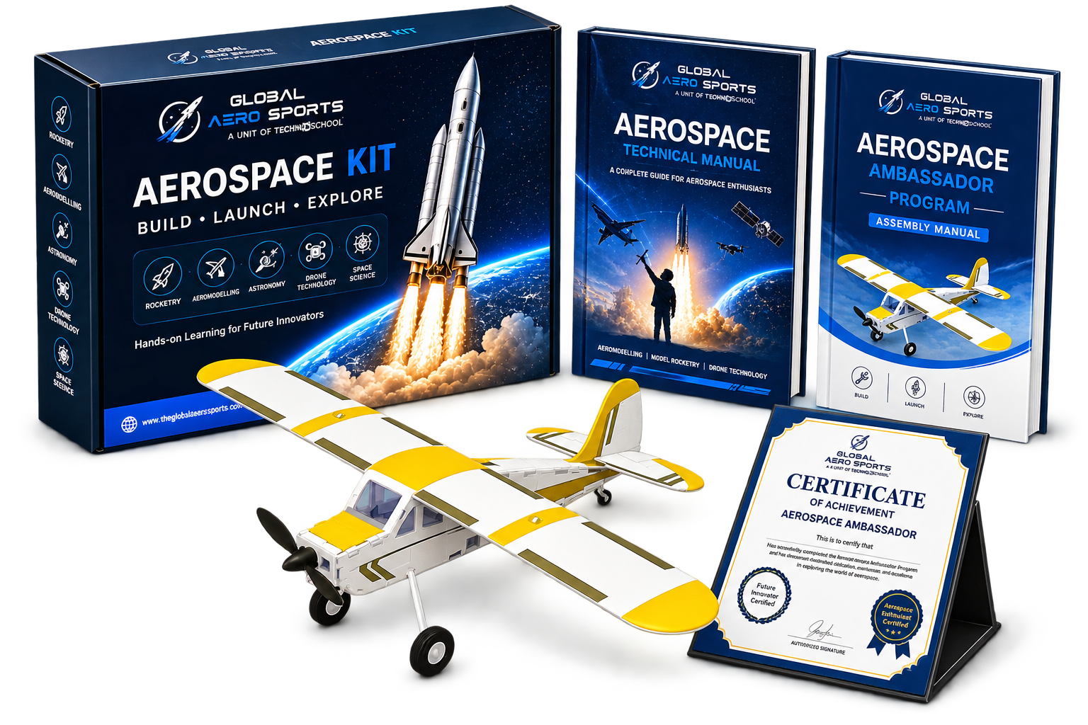 Global AeroSports aerospace kit with technical manual, assembly manual, model aircraft and certificate