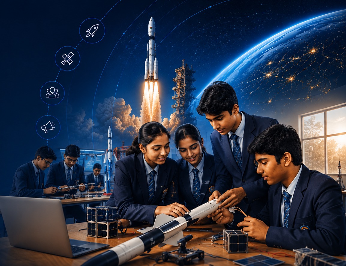 School students building model rockets and satellites in a Global AeroSports session
