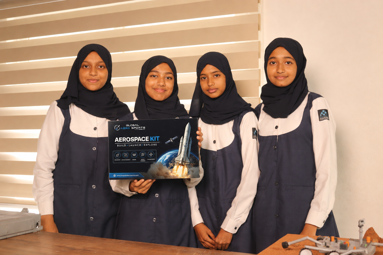 School students holding the Global AeroSports Aerospace Kit