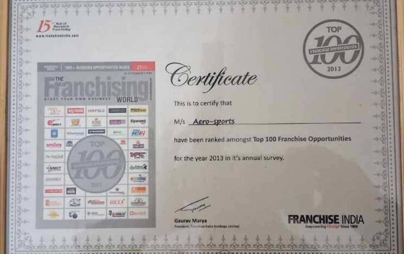 Franchise India certificate ranking Aero-Sports among the Top 100 Franchise Opportunities, 2013