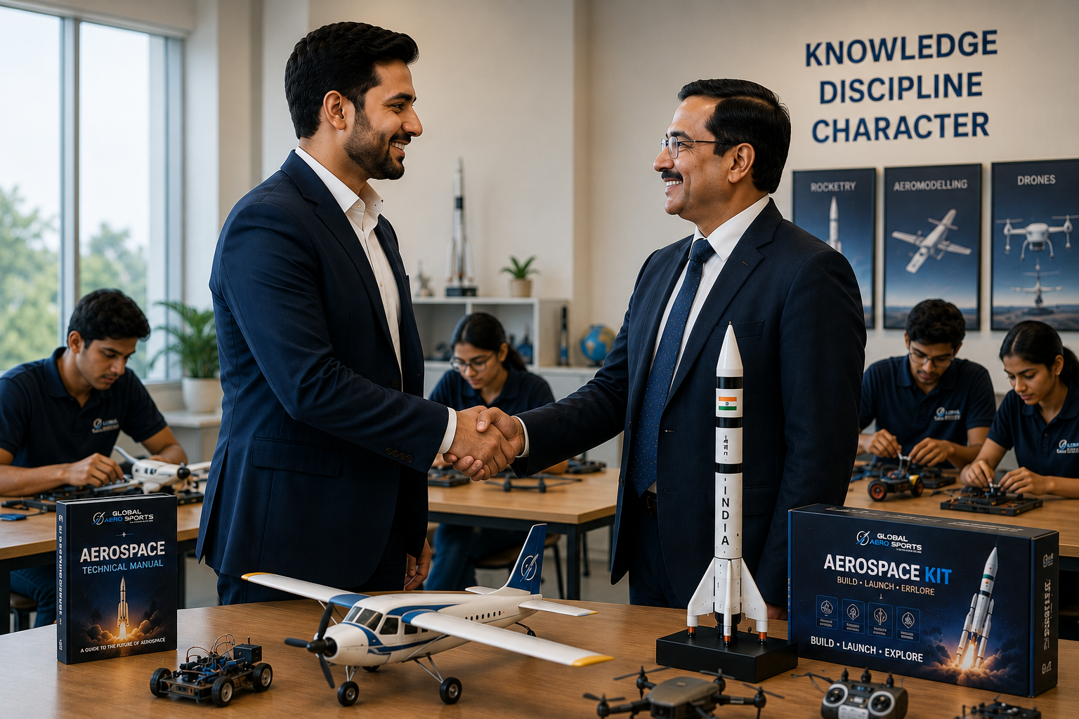 Global AeroSports Education Network Partner shaking hands with a School principal beside Aerospace Kits and model rockets in a classroom